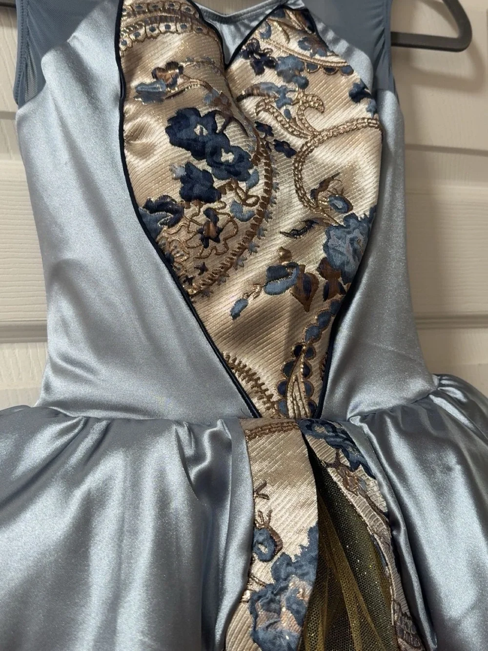 Girls Blue Satin and Gold Tulle Dance Costume Dress